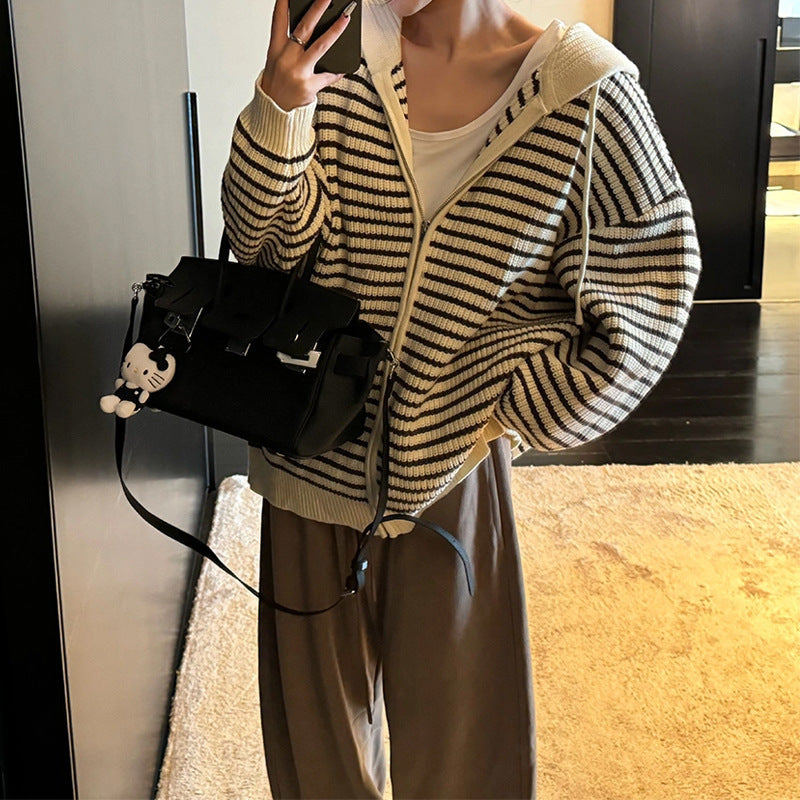 Damen Oversized Strickjacke mit Reißverschluss und Kapuze Drune