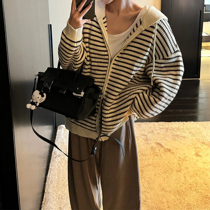 Damen Oversized Strickjacke mit Reißverschluss und Kapuze Drune