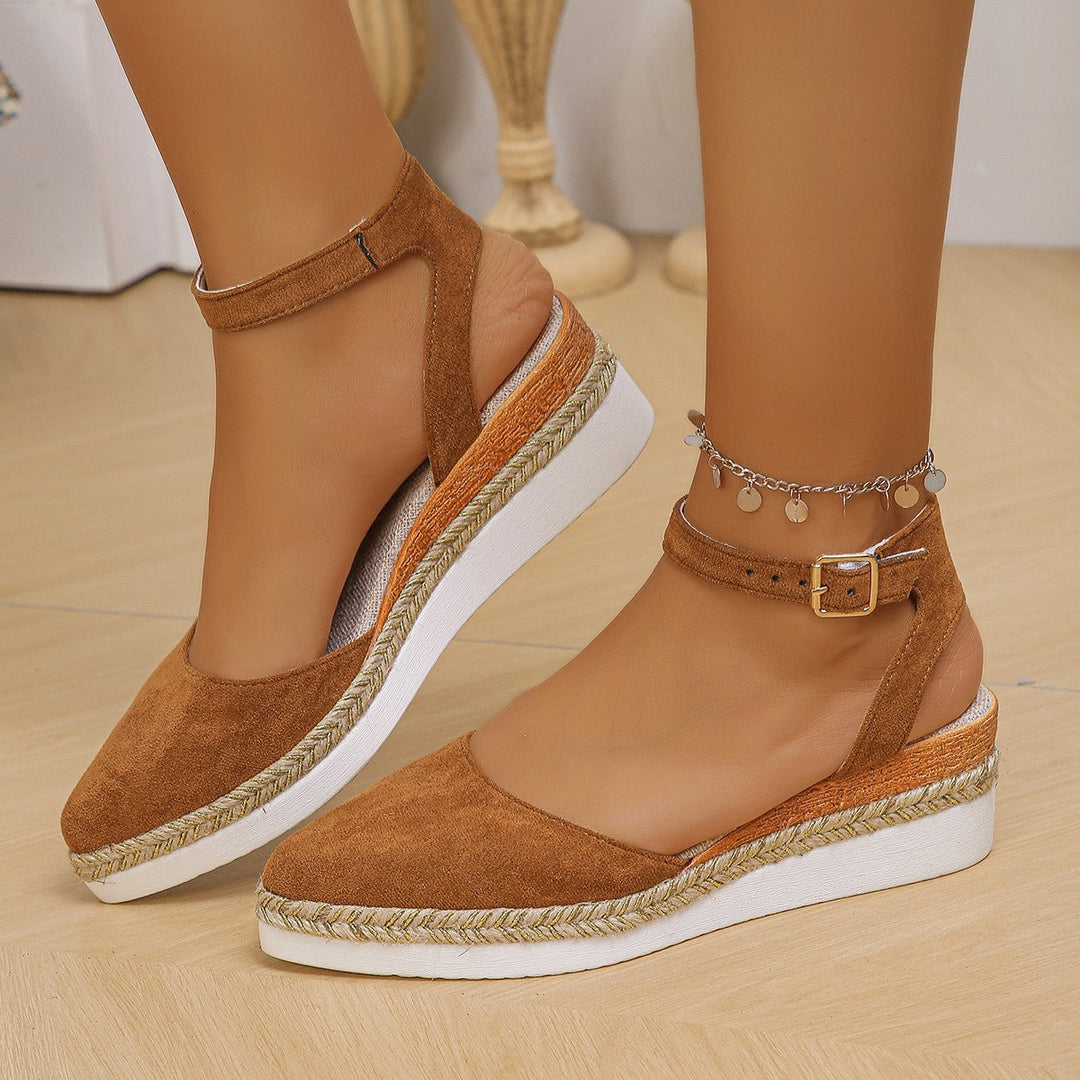 Damen nan geschlossene Velours-Espadrille mit Keilplattform, verstellbarem Knöchelriemen und geflochtenem Bastrand Drune
