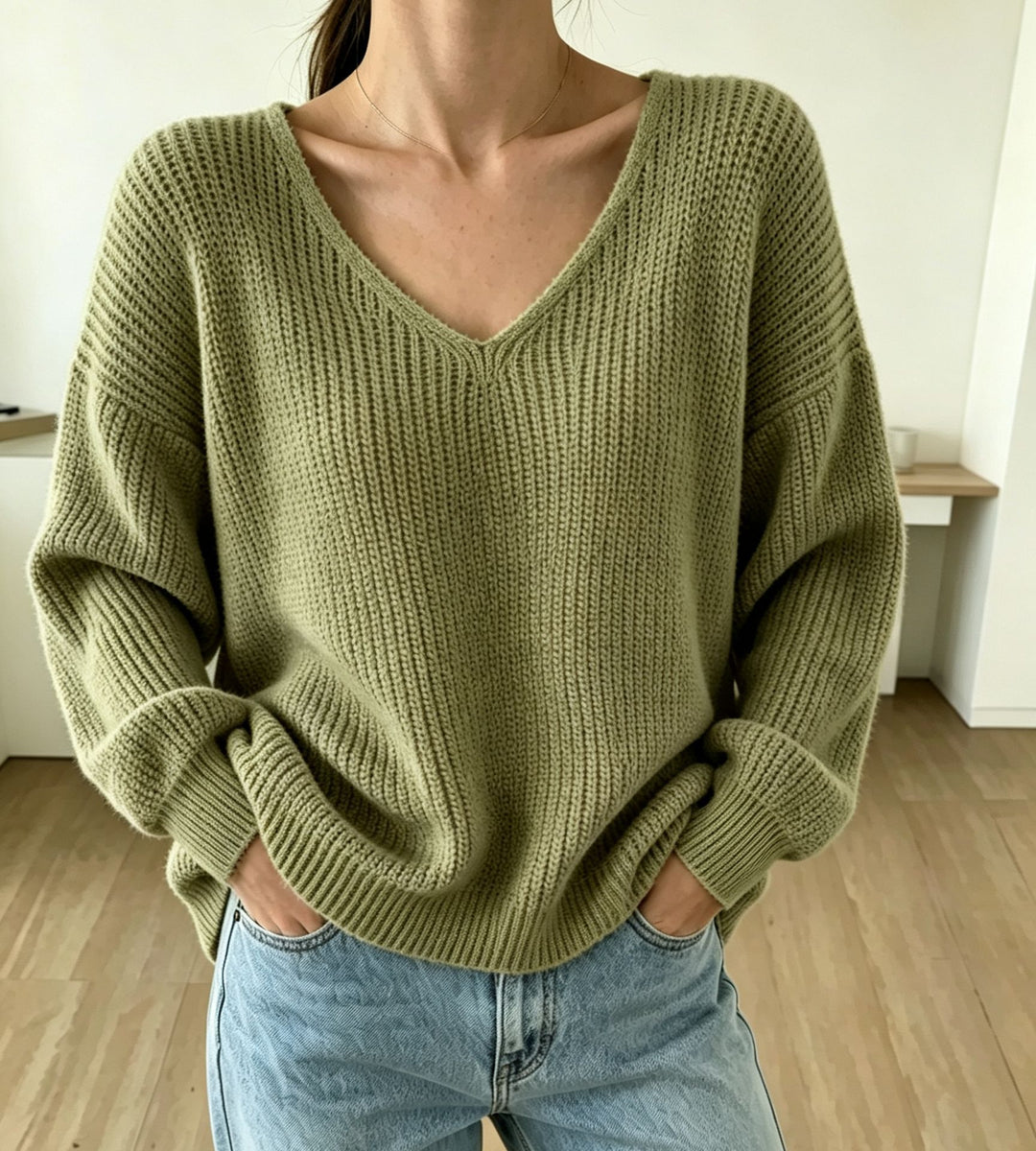 Damen Lässiger Boxy-Grobstrickpullover mit V-Ausschnitt und gerippten Bündchen Drune