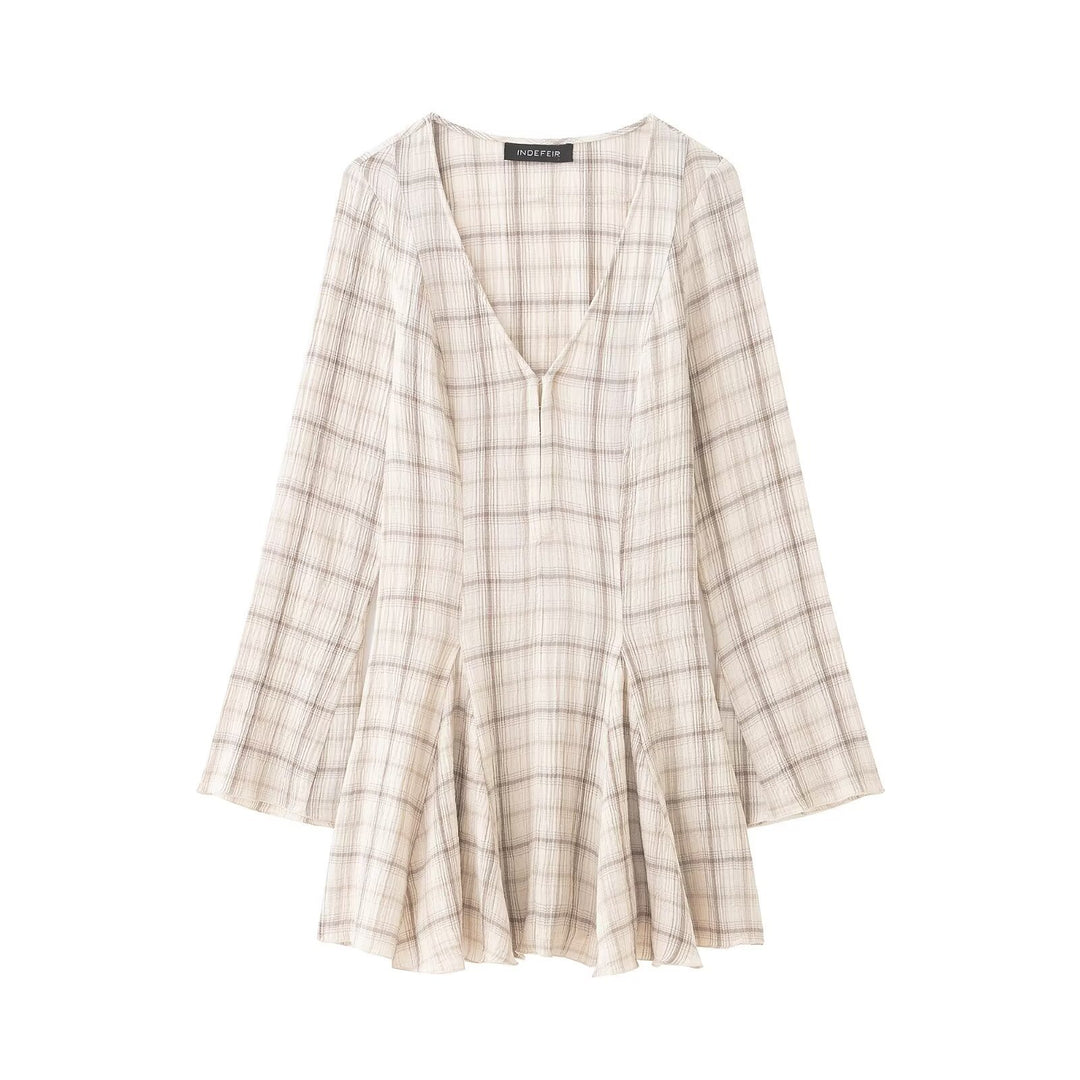 Damen Leichtes V‑Ausschnitt Midikleid mit Karomuster, tailliertem Godet‑Rock und Crinkle‑Struktur Drune