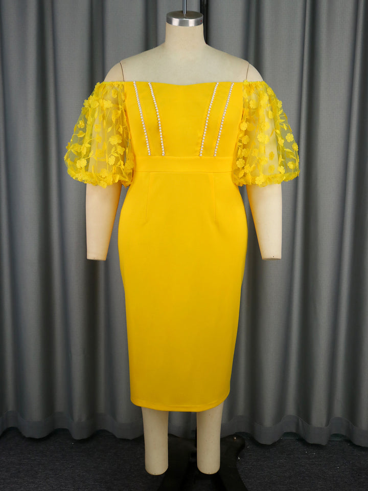 Damen figurbetontes Kleid mit verzierten Puffärmeln und Perlenakzenten Drune