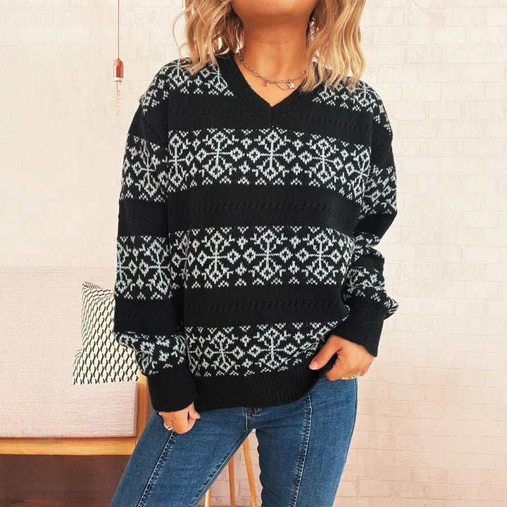 Damen Strickpullover im nordischen Muster mit tiefem V-Ausschnitt Drune