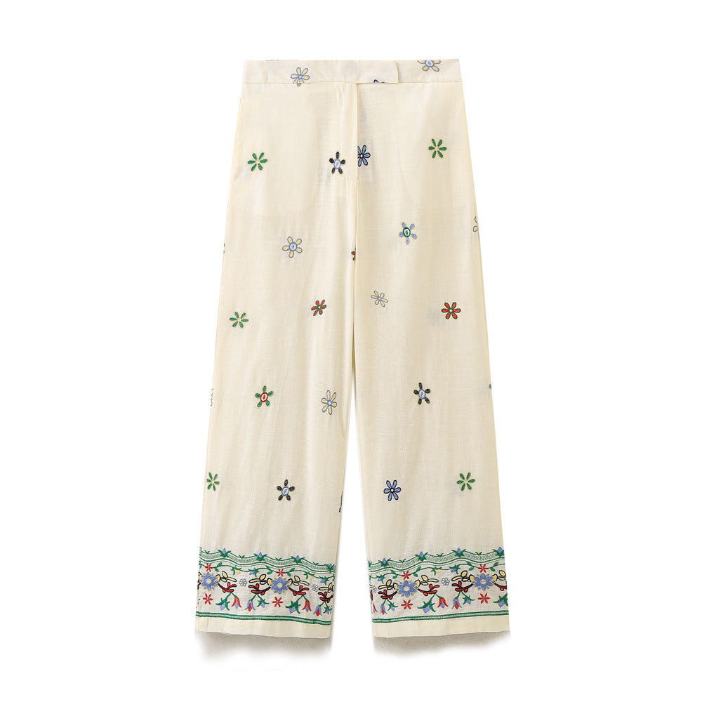 Damen Elegante und lässige weite Stoffhose mit floralem Stickdesign Drune