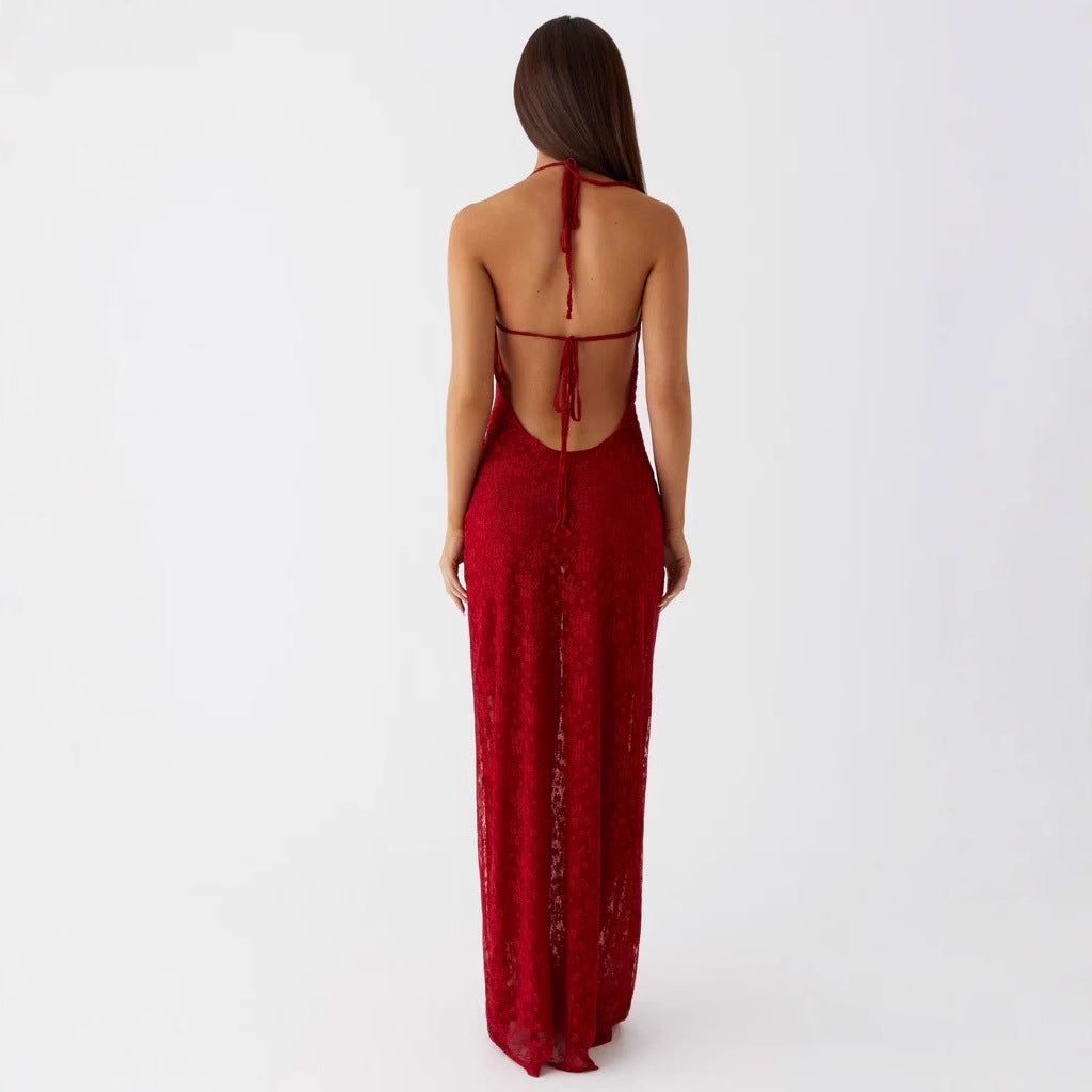 Damen Elegantes Abendkleid aus feiner Spitze mit tiefem V-Ausschnitt Drune