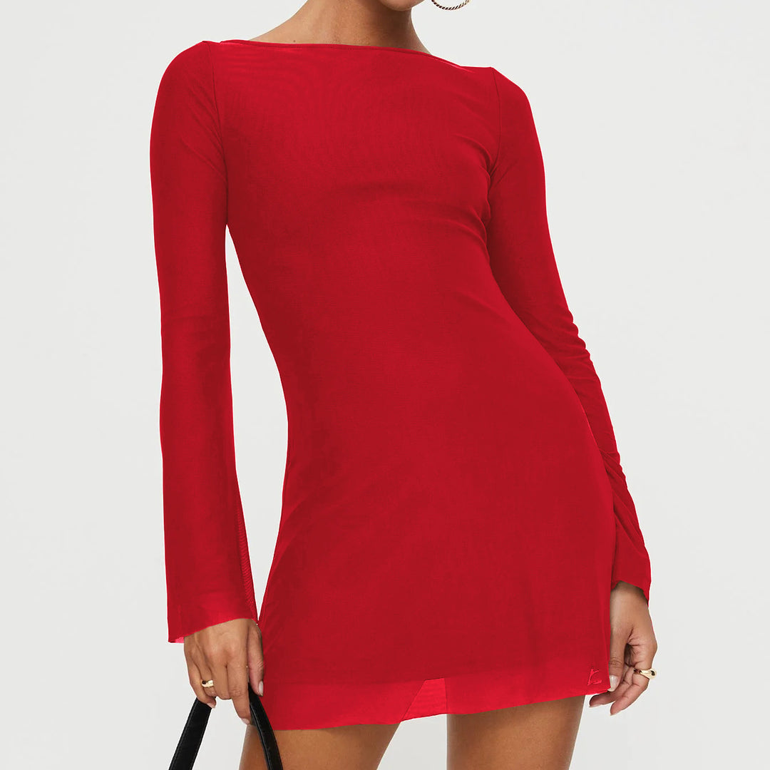 Damen figurbetontes Minikleid mit langem Ärmel und elegantem Rundhals Drune