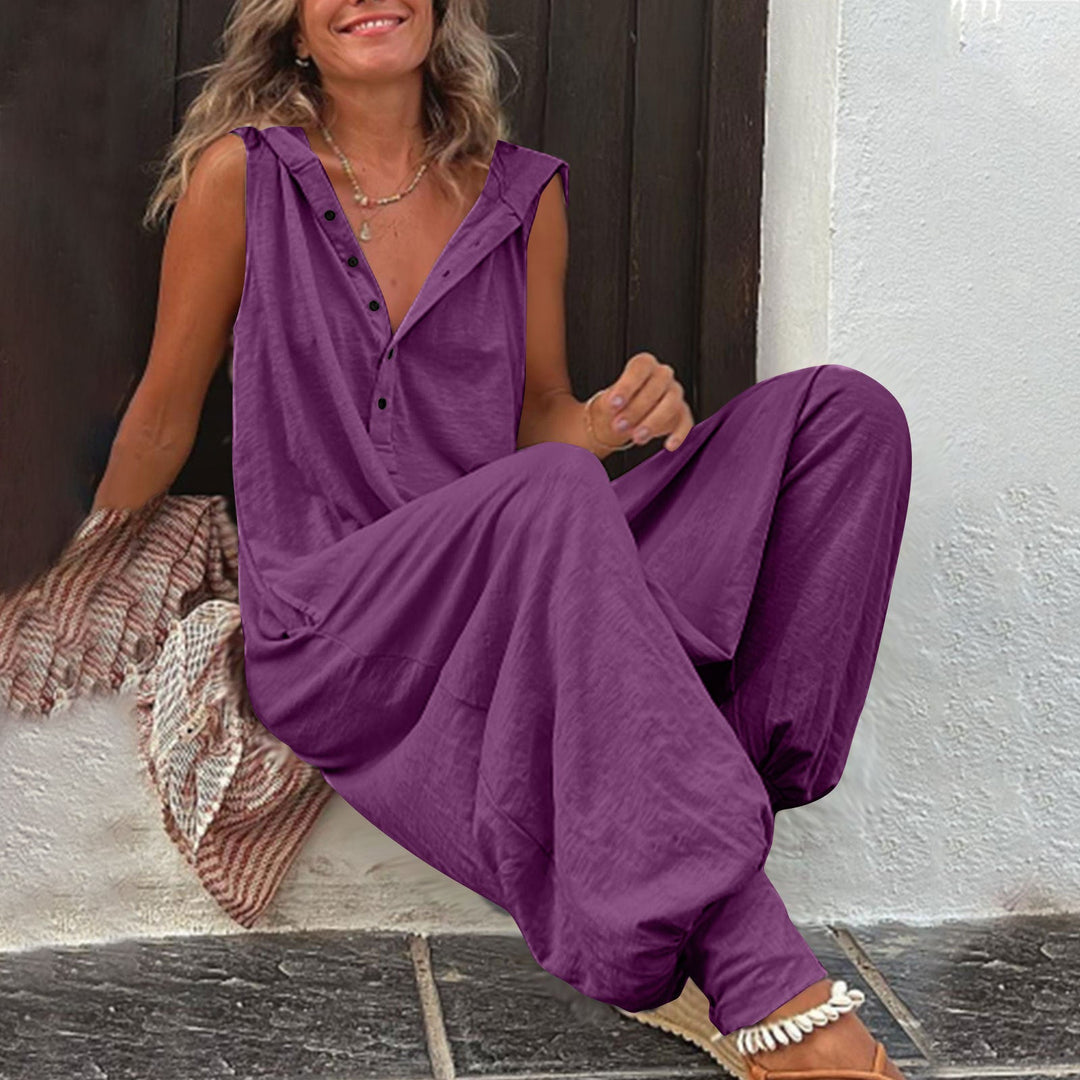 Damen Lässiger Jumpsuit mit Kapuze und Knopfverschluss Drune