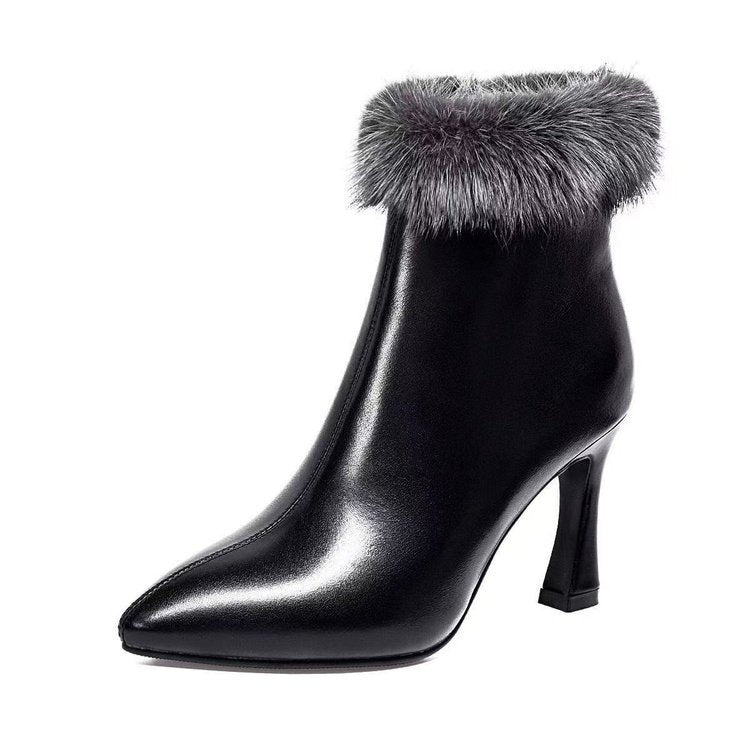 Damen Elegante Stiefeletten mit Fellkragen Drune