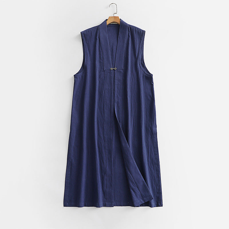 Damen Langer ärmelloser Kimono-Weste aus Leinenmix mit schmaler Schalkante und dekorativem Knebelverschluss Drune