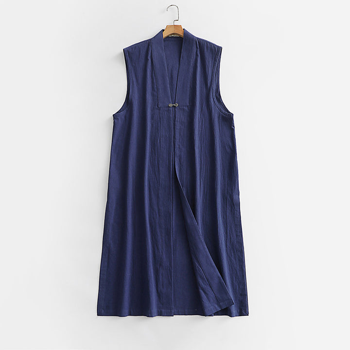 Damen Langer ärmelloser Kimono-Weste aus Leinenmix mit schmaler Schalkante und dekorativem Knebelverschluss Drune
