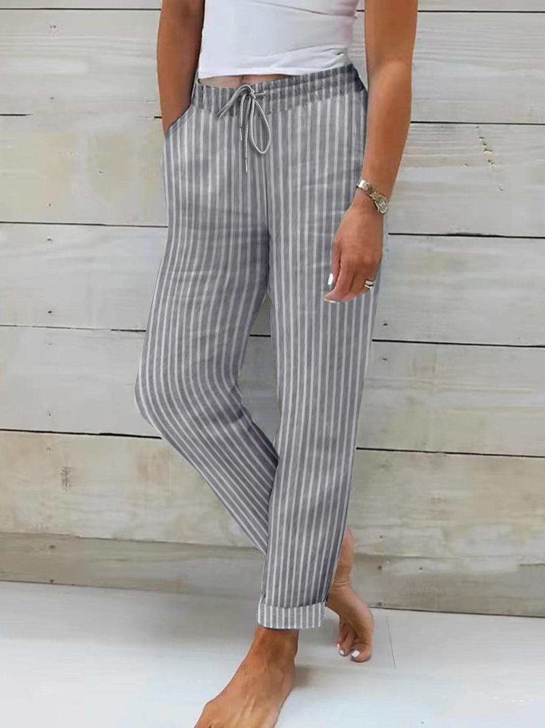 Damen entspannte Baumwoll-Streifenhose mit verstellbarem Bund Drune