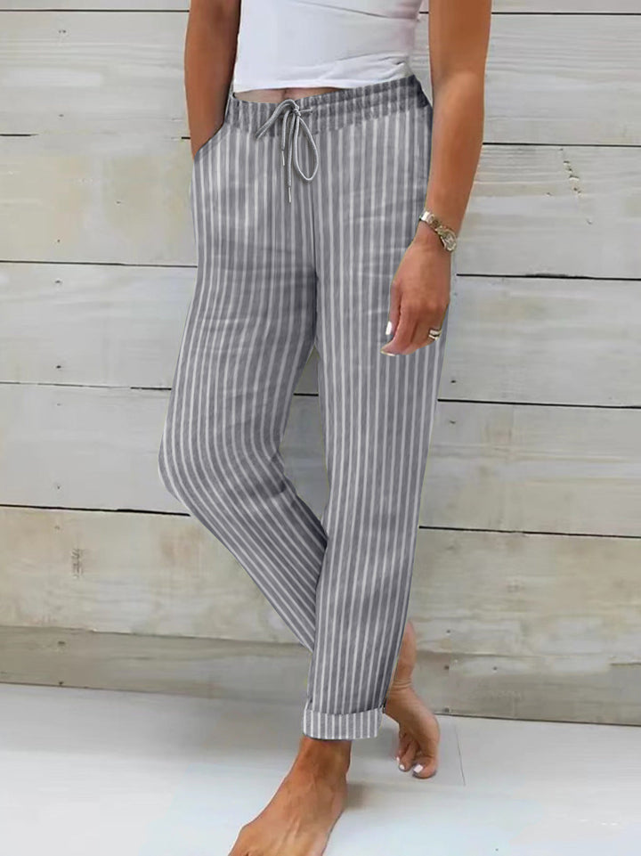 Damen entspannte Baumwoll-Streifenhose mit verstellbarem Bund Drune