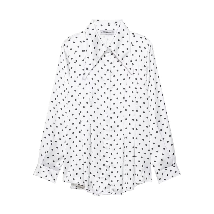Damen Satinbluse mit übergroßem spitzen Hemdkragen, Faltenpartie und Pünktchen-Print Drune