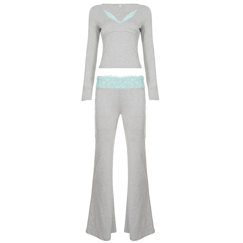 Damen Zweiteiliges Lounge-Set aus Stretchjersey mit V‑Ausschnitt Crop-Top und ausgestellter hochtaillierter Hose Drune