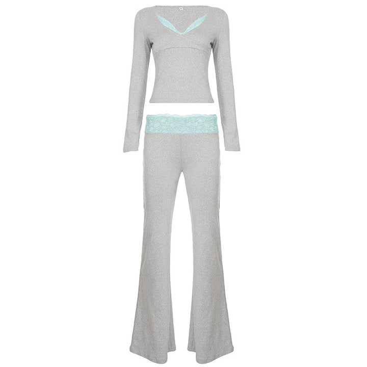 Damen Zweiteiliges Lounge-Set aus Stretchjersey mit V‑Ausschnitt Crop-Top und ausgestellter hochtaillierter Hose Drune