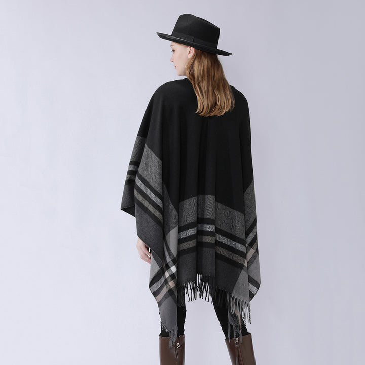 Damen Cape-Umhang aus Wollmix mit Bindegürtel und Karodessin Drune