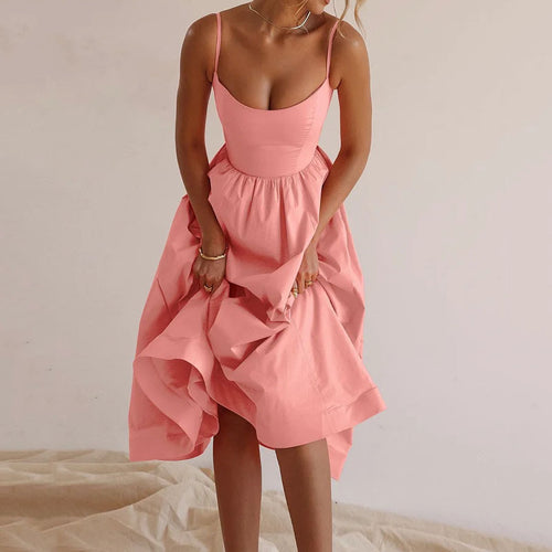 Damen Midi-Kleid mit schmalen Trägern und fließendem Rock Drune