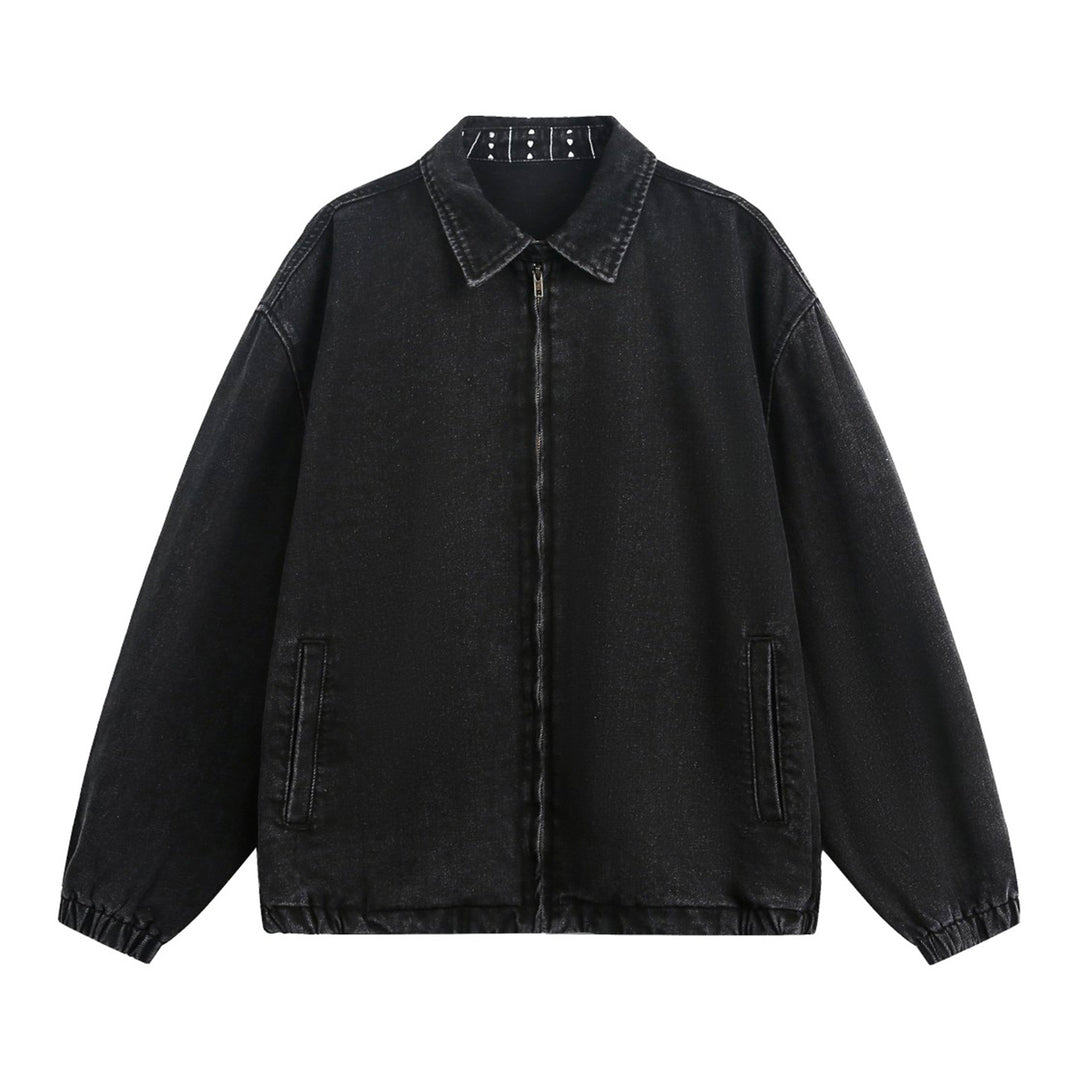 Unisex Oversize Denim-Übergangsjacke mit verdecktem Frontreißverschluss, Hemdkragen und elastischem Saum Drune