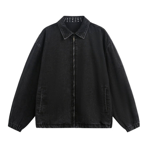 Unisex Oversize Denim-Übergangsjacke mit verdecktem Frontreißverschluss, Hemdkragen und elastischem Saum Drune