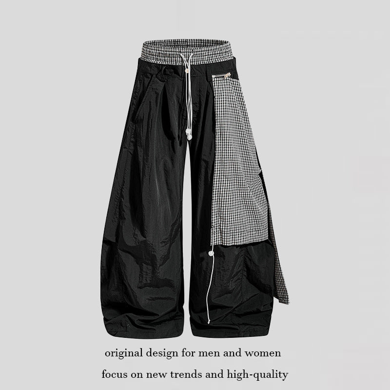 Damen weite Baggy-Hose mit asymmetrischem Karo-Seitenteil und Tunnelzug Drune