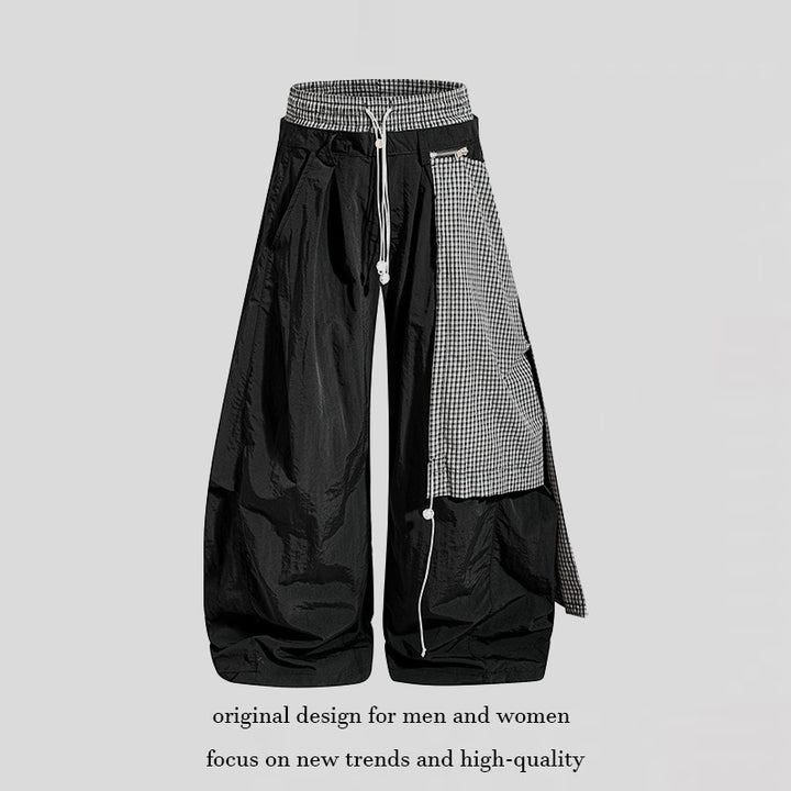 Damen weite Baggy-Hose mit asymmetrischem Karo-Seitenteil und Tunnelzug Drune