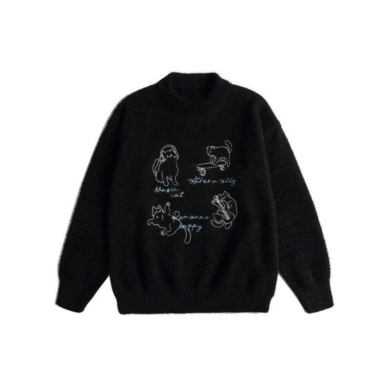 Damen Weicher Pullover mit verspielter Katzenstickerei und leichtem Stehkragen Drune