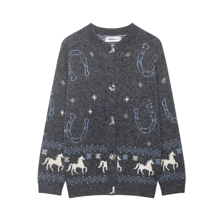 Damen nan Norweger-Strickcardigan mit Pferde- und Hufeisen‑Motiv und dekorativen Metallknöpfen Drune