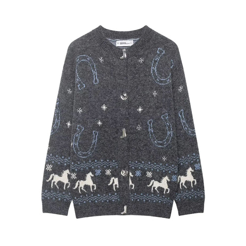 Damen nan Norweger-Strickcardigan mit Pferde- und Hufeisen‑Motiv und dekorativen Metallknöpfen Drune
