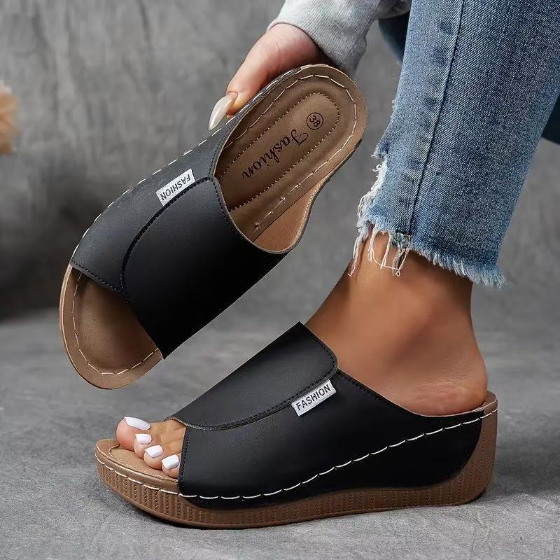 Damen nan anatomisch geformte Schlupf-Sandale mit ergonomischer Keilsohle und genähter Randnaht Drune