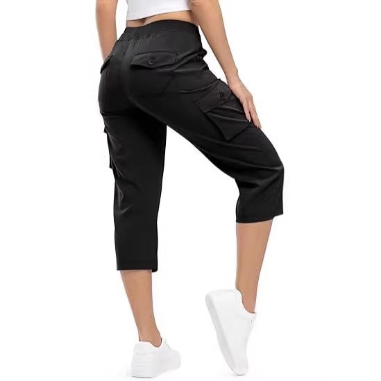 Damen Capri Cargo-Hosen in Bermuda-Länge mit hoher Taille und aufgesetzten Klappentaschen Drune