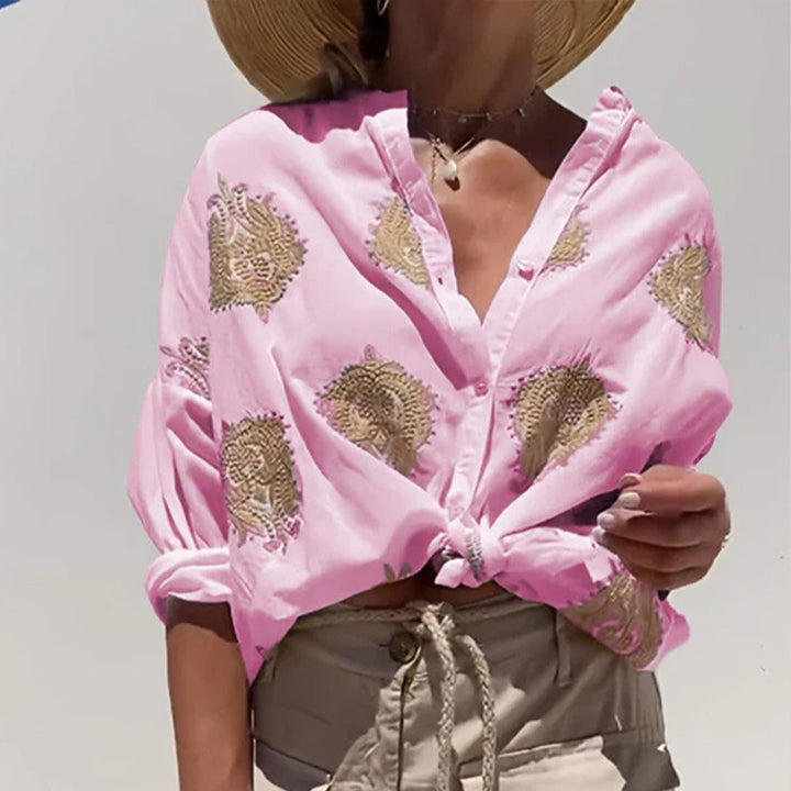 Damen Boho Leinen Bluse mit Perlenstickerei und Knotenband Drune