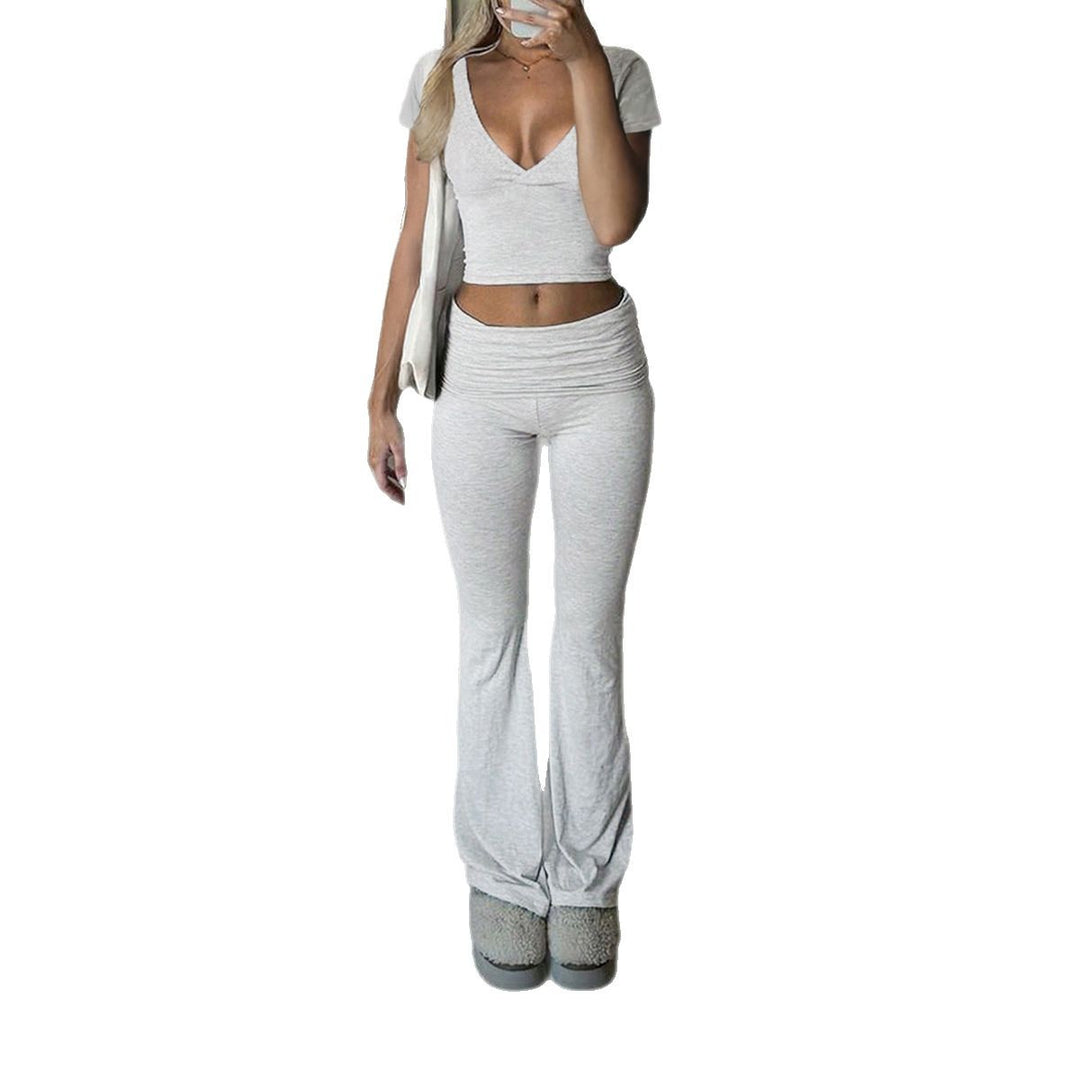 Damen Lässiges Zweiteiliges Lounge-Set mit cropped Oberteil und Bootcut-Hosen Drune