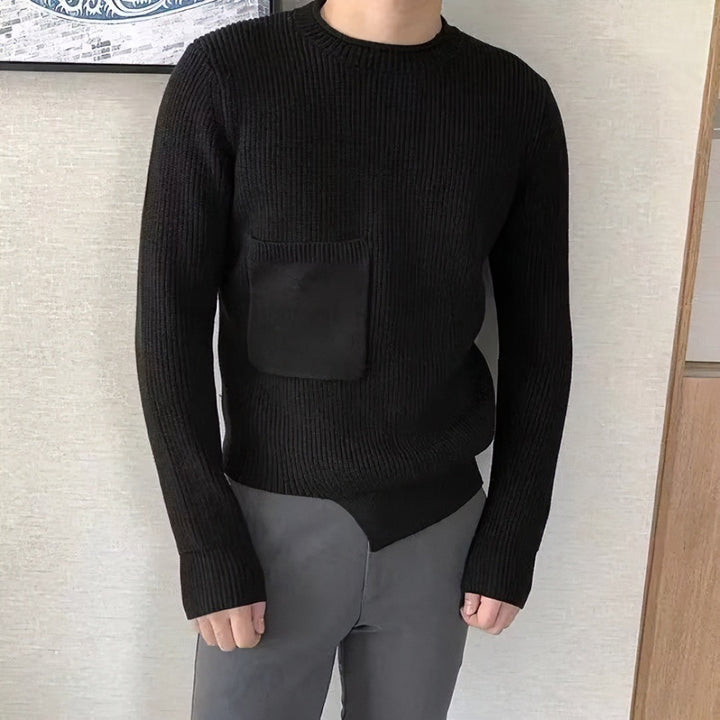 Herren Grobgerippter Rundhalspullover mit aufgesetzter Brusttasche Drune