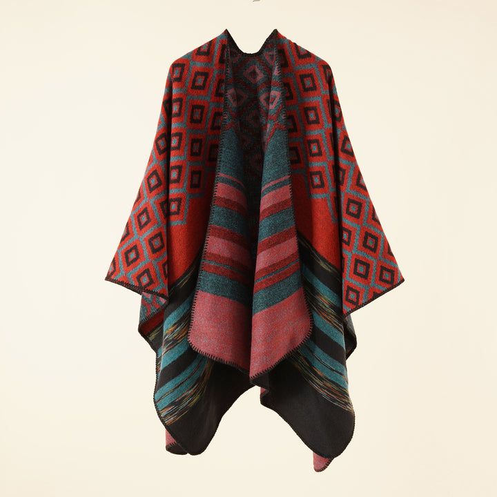 Damen Wende-Serape-Poncho im Jacquard‑Web mit geometrischem Quadratmuster Drune