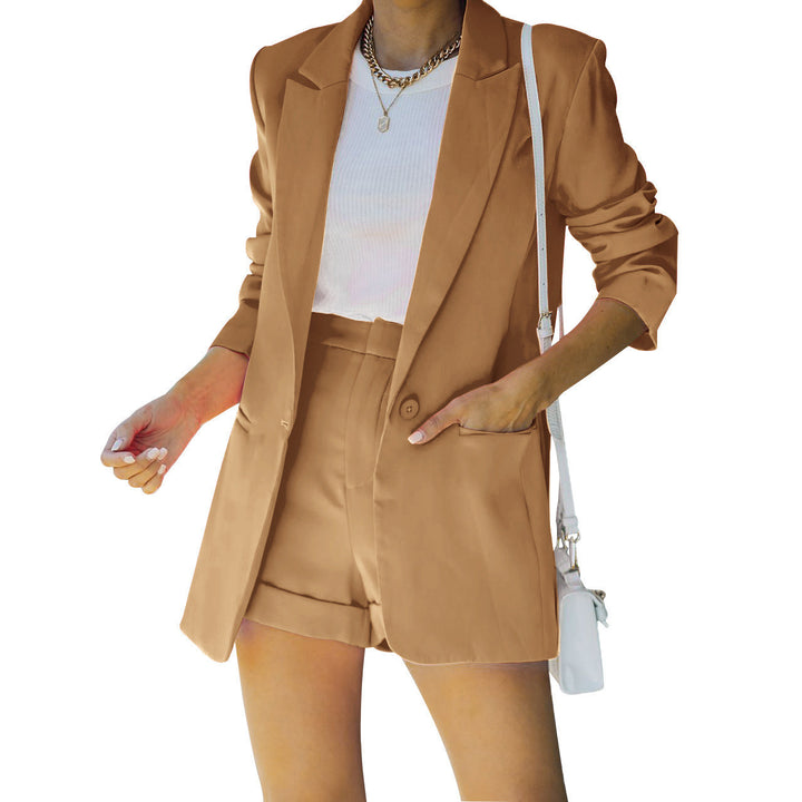 Damen nan figurbetontes Longblazer- und High-Waist-Shorts-Set mit überschnittenen Schultern und aufgesetzten Taschen Drune