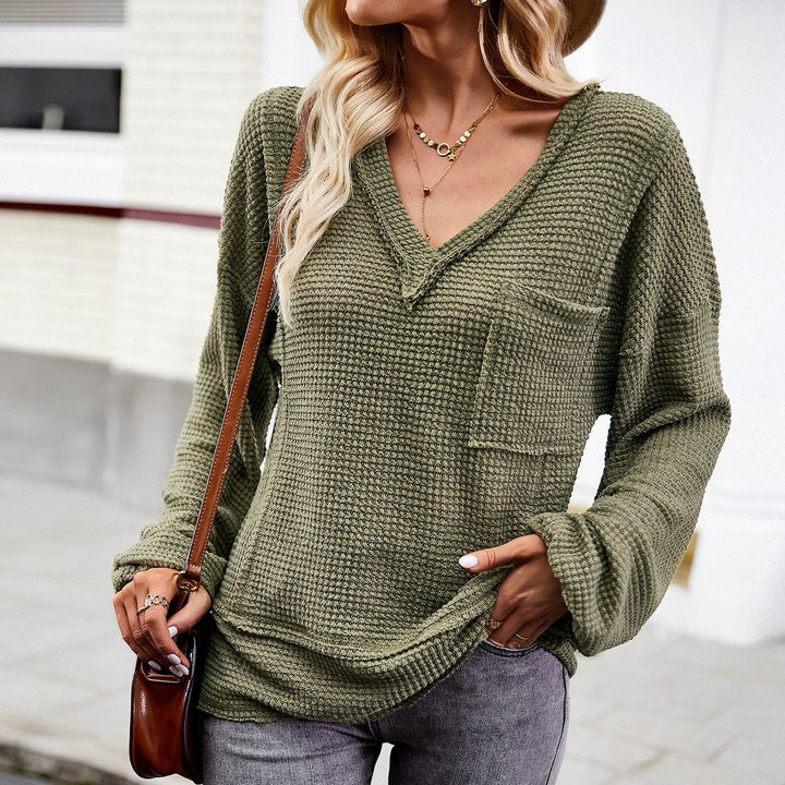 Damen nan Waffelstruktur V‑Neck Pullover mit aufgesetzter Brusttasche und überschnittenen Ärmeln Drune