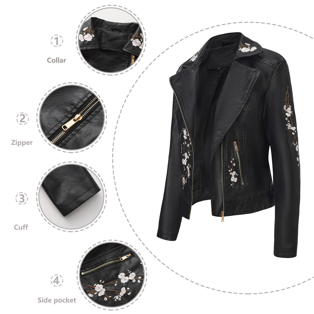 Damen nan bestickte taillierte Kunstleder Bikerjacke mit asymmetrischem Reißverschluss Drune