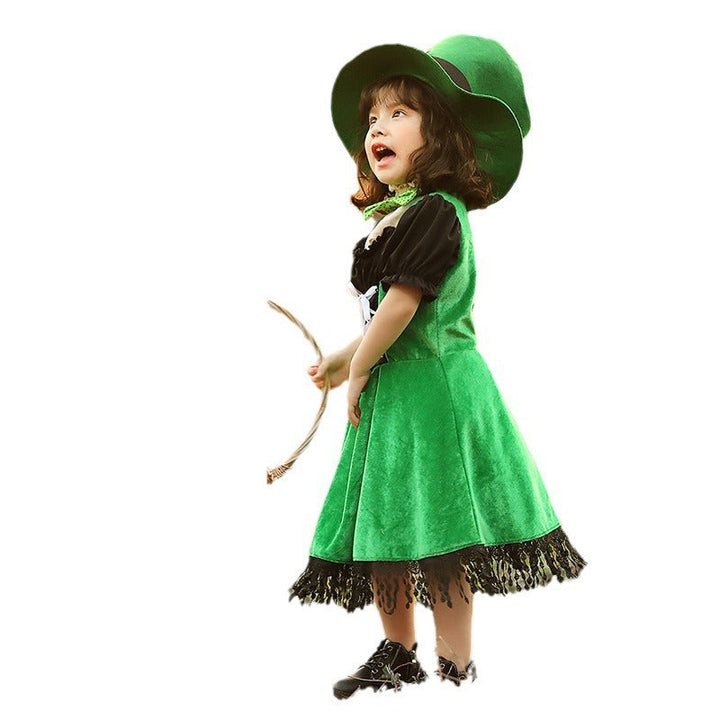 Mädchen Kostüm als irische Leprechaun mit voluminösem Rock und hohem Hut Drune