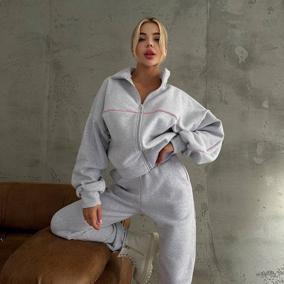 Damen gemütlicher Fleece-Sweatanzug mit hohem Kragen und Reißverschluss Drune