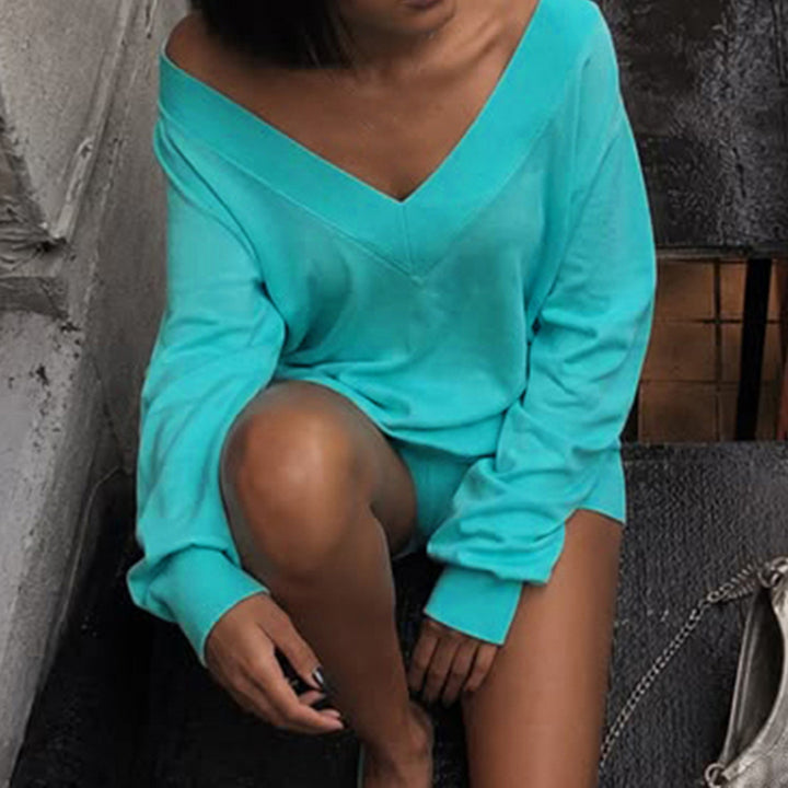 Damen Oversized Sweatshirt mit V-Ausschnitt und Ballonärmeln Drune