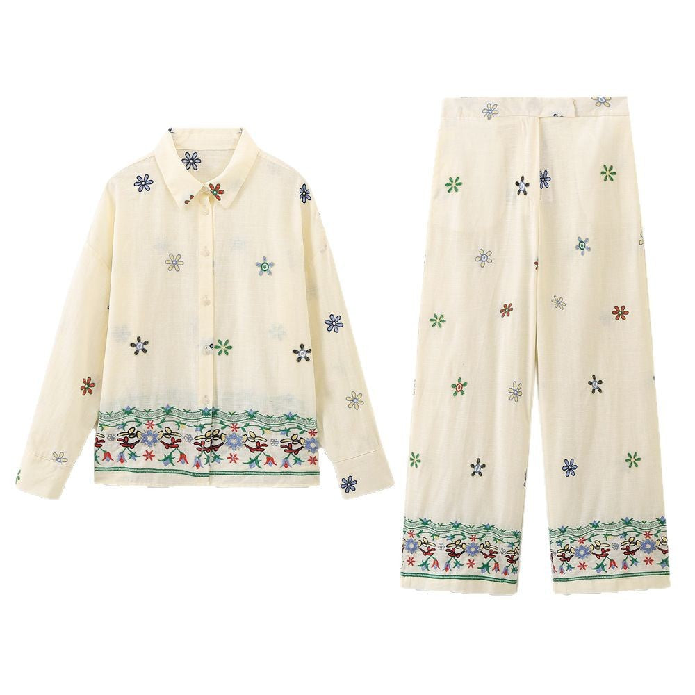 Damen Elegante und lässige weite Stoffhose mit floralem Stickdesign Drune