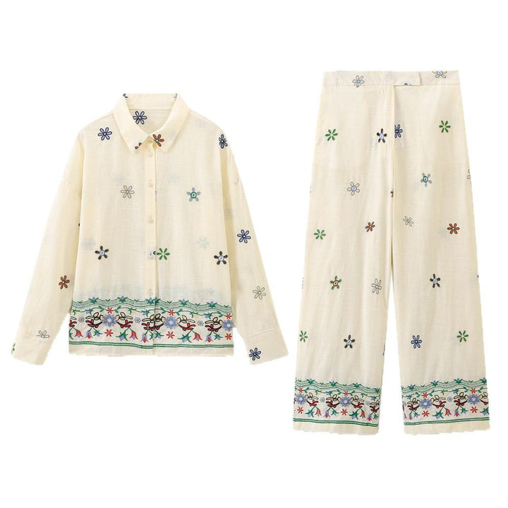 Damen Elegante und lässige weite Stoffhose mit floralem Stickdesign Drune