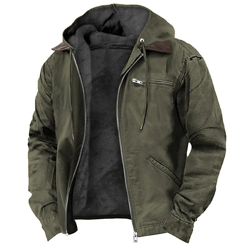 Herren Gefütterte Kapuzenjacke mit Teddyfutter, winddichtem Canvas und Reißverschlusstaschen Drune