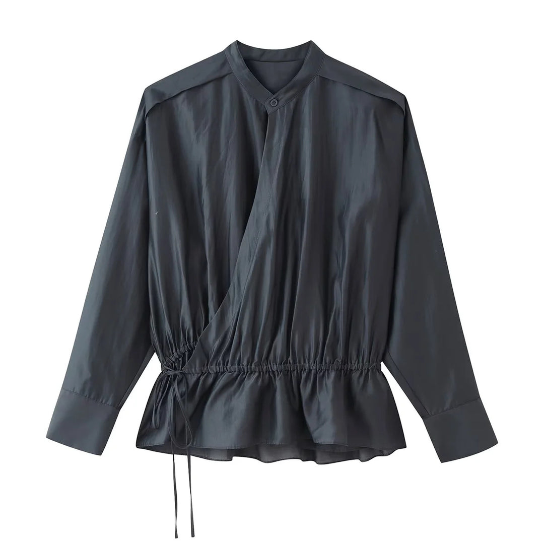 Damen nan Wickelbluse mit Stehkragen, taillierendem Kordelzug und Schößchensaum Drune