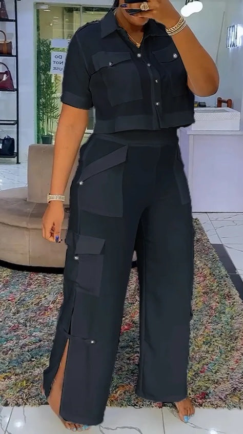 Damen nan zweiteiliges Hemd- und Cargo-Hosen-Set mit kurzem Oversize-Hemd, hoher Taille, weitem Bein und seitlichen Beinschlitzen Drune