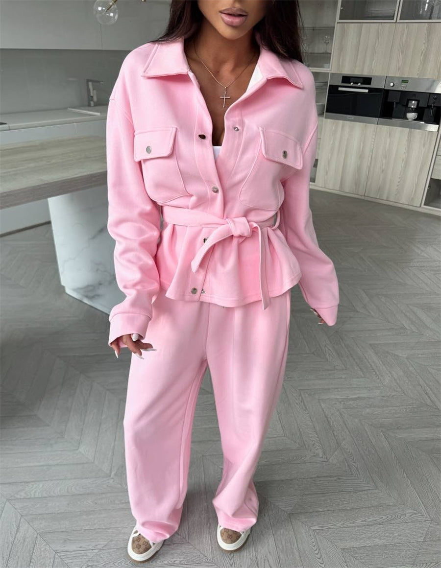 Damen Zweiteiliges Loungewear-Set mit tailliertem Blouson, Bindegürtel und weiter Palazzo-Hose Drune