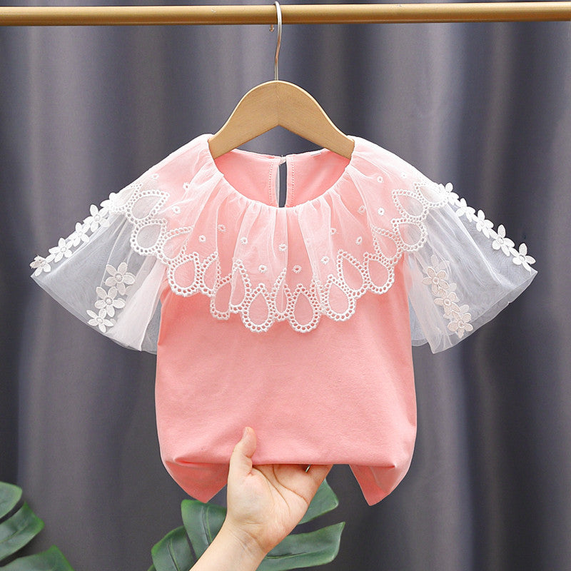 Mädchen Bluse mit Blumenstickerei und Tüllärmeln Drune