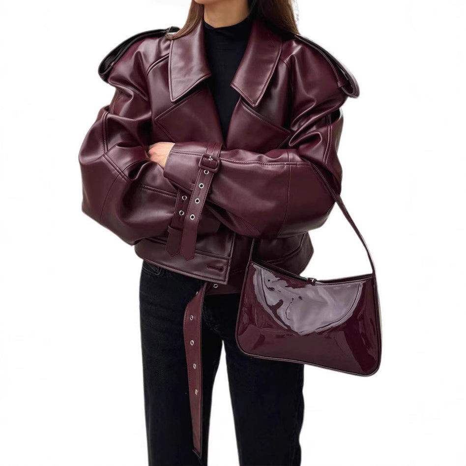 Damen Kunstlederjacke im Oversized-Design mit Riemen und neuen Details Drune