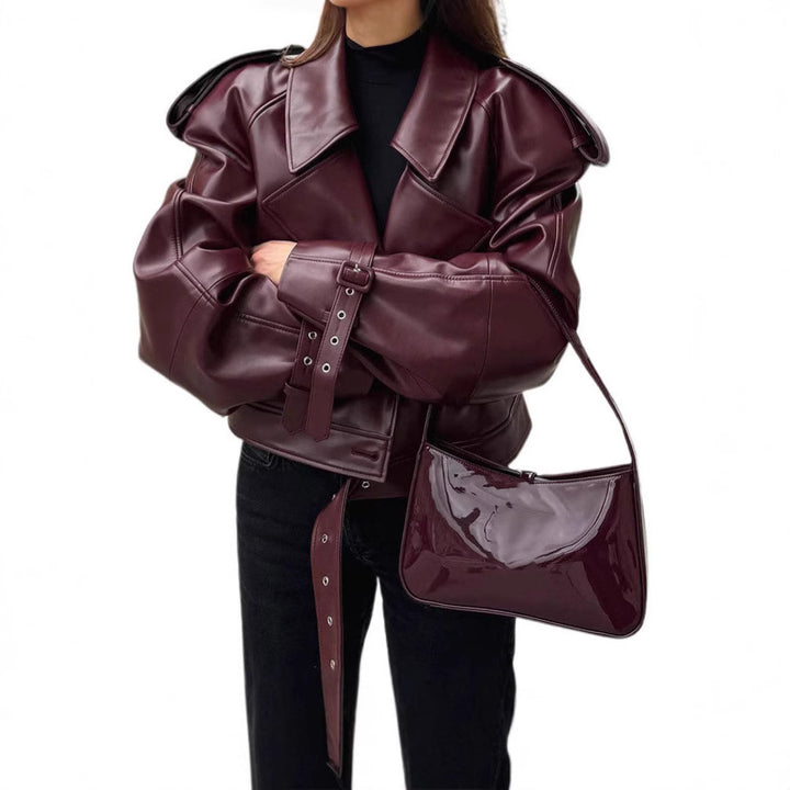 Damen Kunstlederjacke im Oversized-Design mit Riemen und neuen Details Drune