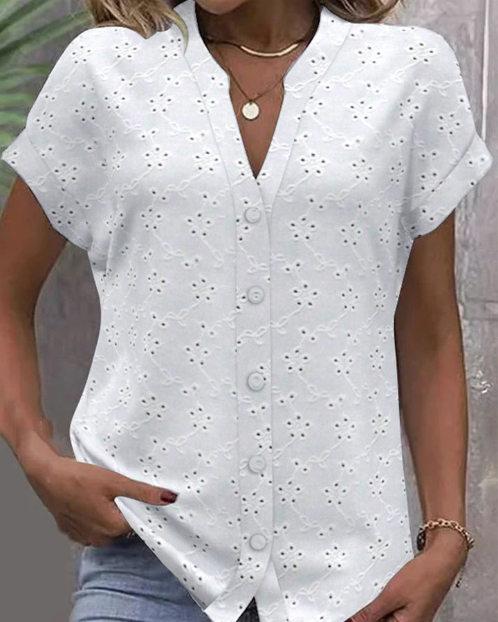 Damen luftige Bluse mit floralen Lochstickereien und durchgehender Knopfleiste Drune